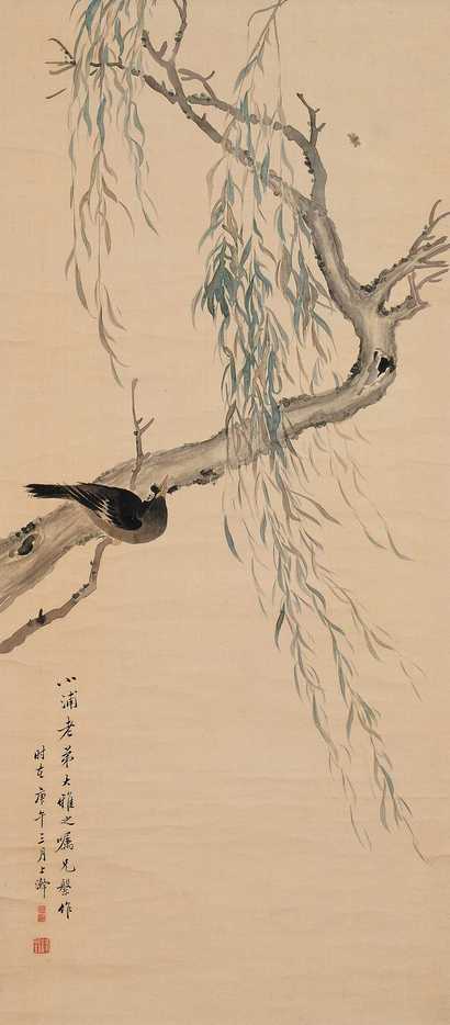 张盘 1870年作 柳树八哥 立轴